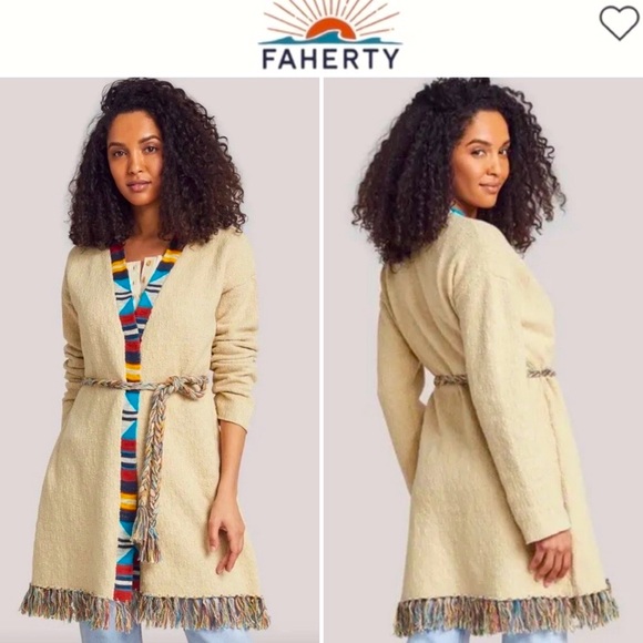Faherty Sweaters - NWT Faherty Crow Stripes Duster Cardigan Braided Belt Border Stripe Ivory M / L